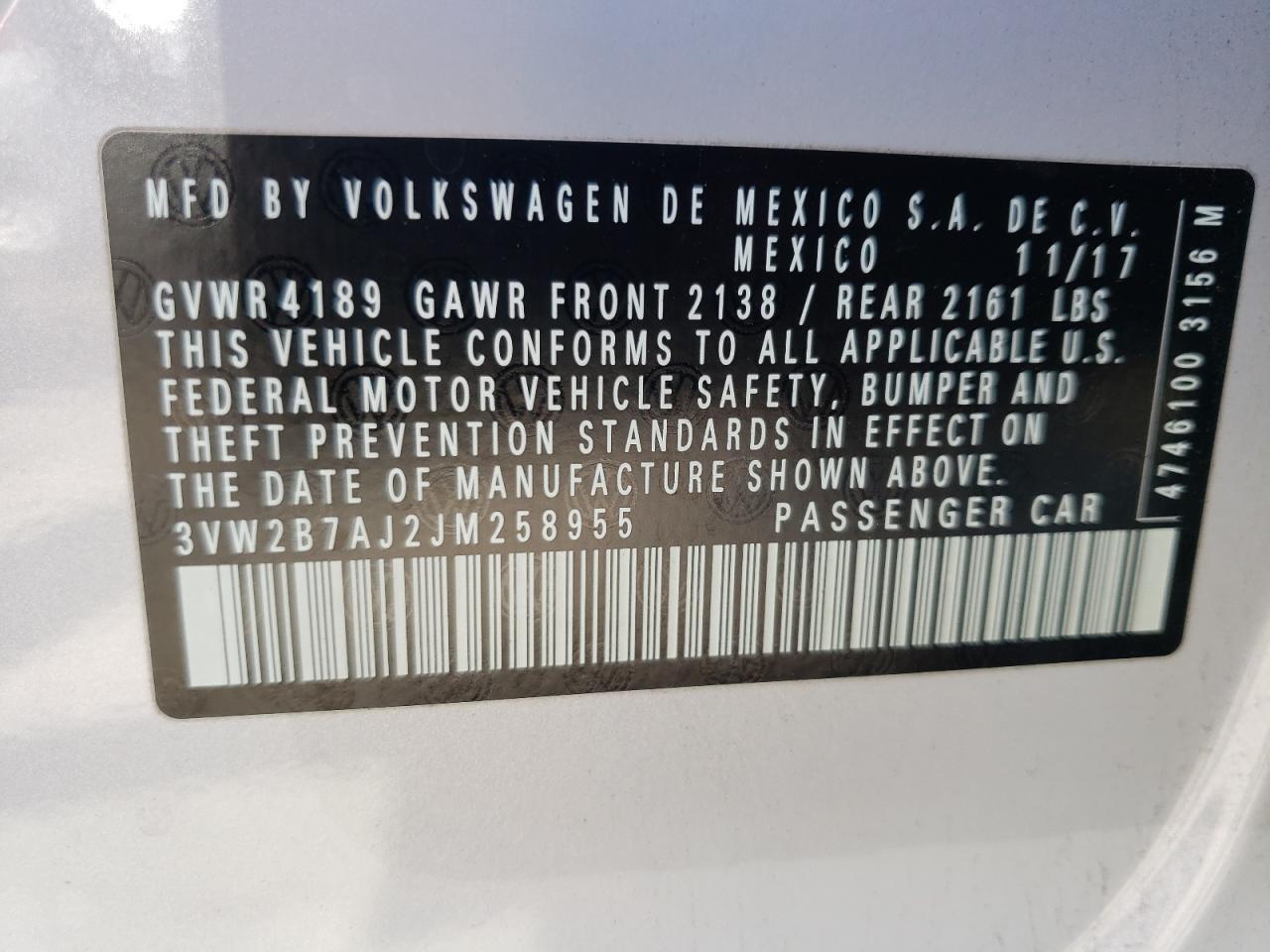 Photo 10 from auction – 2018 VOLKSWAGEN JETTA S with VIN 3VW2B7AJ2JM258955