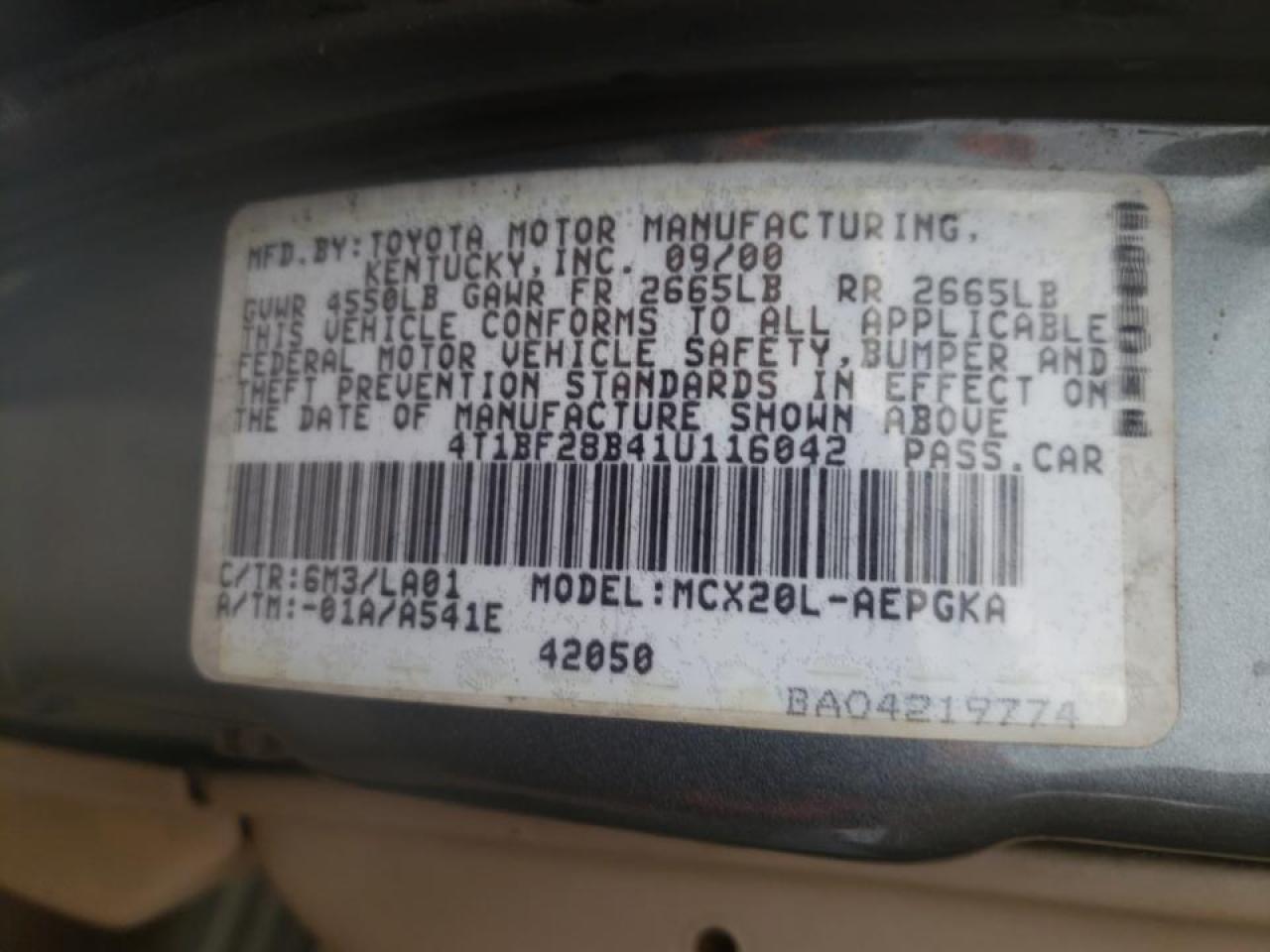 Photo 10 from auction – 2001 TOYOTA AVALON XL with VIN 4T1BF28B41U116042