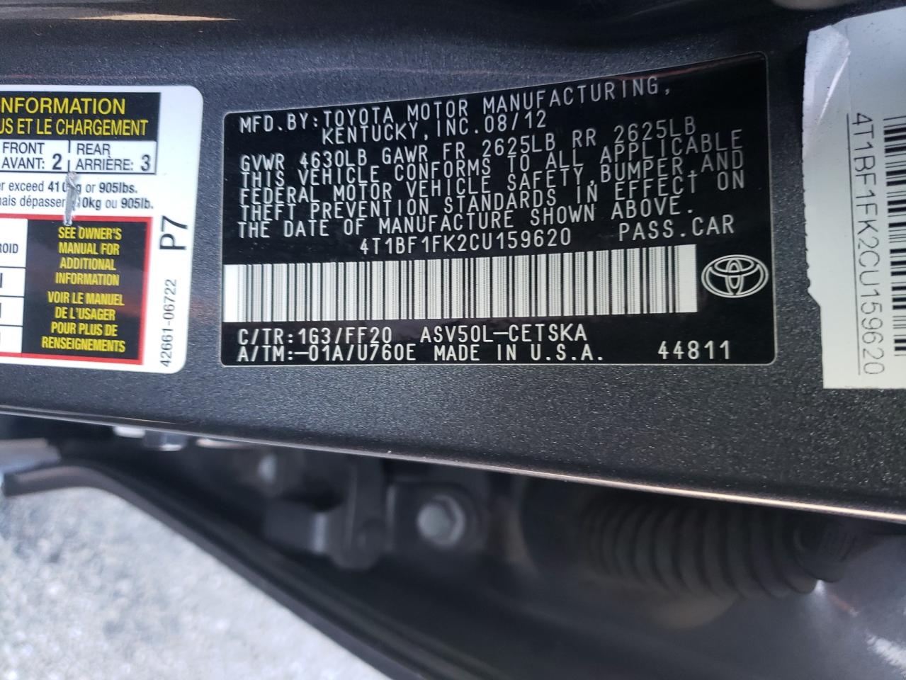 Photo 10 from auction – 2012 TOYOTA CAMRY STD/ with VIN 4T1BF1FK2CU159620