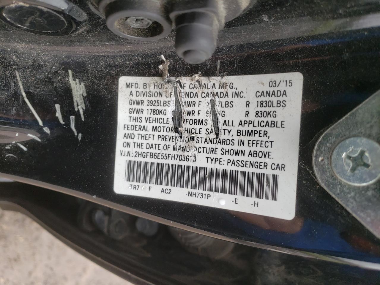 Photo 10 from auction – 2015 HONDA CIVIC SI with VIN 2HGFB6E55FH703613