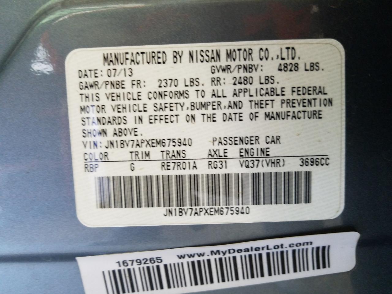 Photo 10 from auction – 2014 INFINITI Q50 BASE with VIN JN1BV7APXEM675940