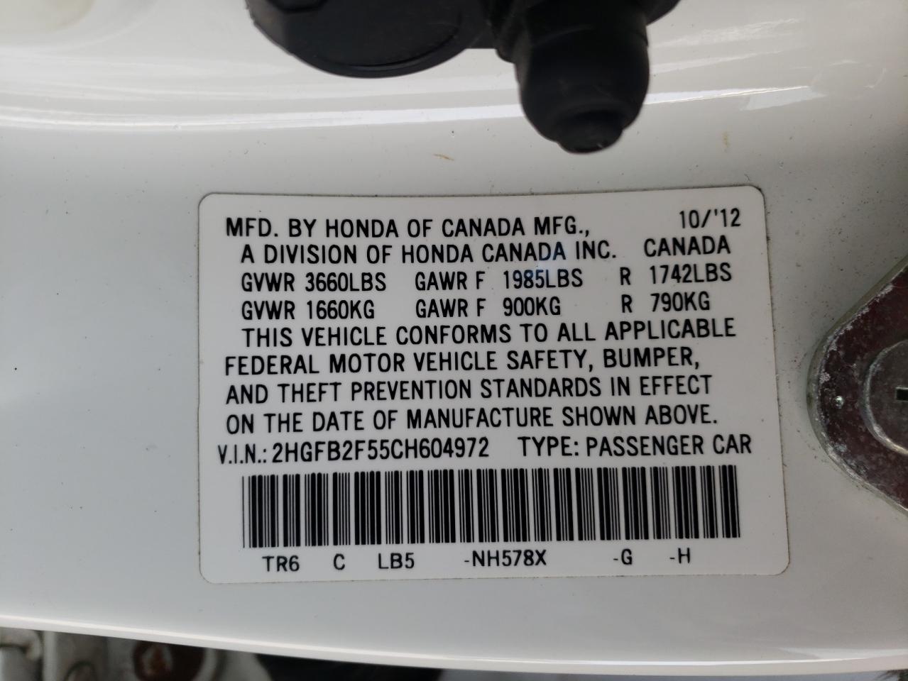 Photo 10 from auction – 2012 HONDA CIVIC LX with VIN 2HGFB2F55CH604972