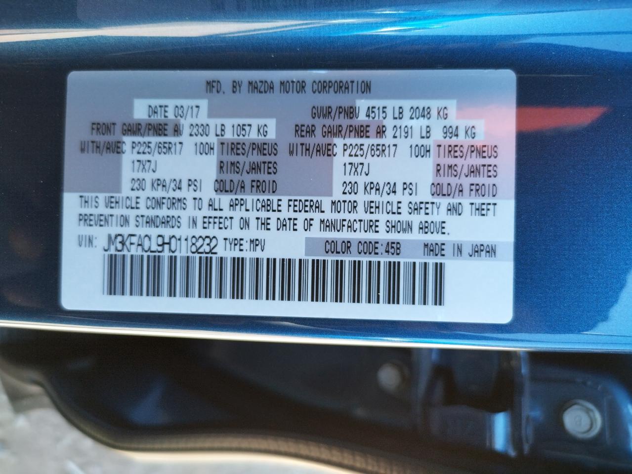 Photo 10 from auction – 2017 MAZDA CX-5 TOURI with VIN JM3KFACL9H0118232