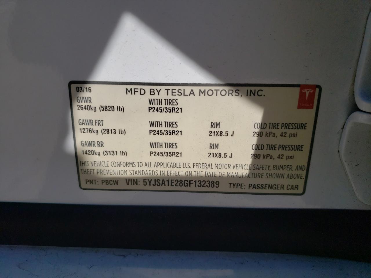 Photo 10 from auction – 2016 TESLA MODEL S with VIN 5YJSA1E28GF132389