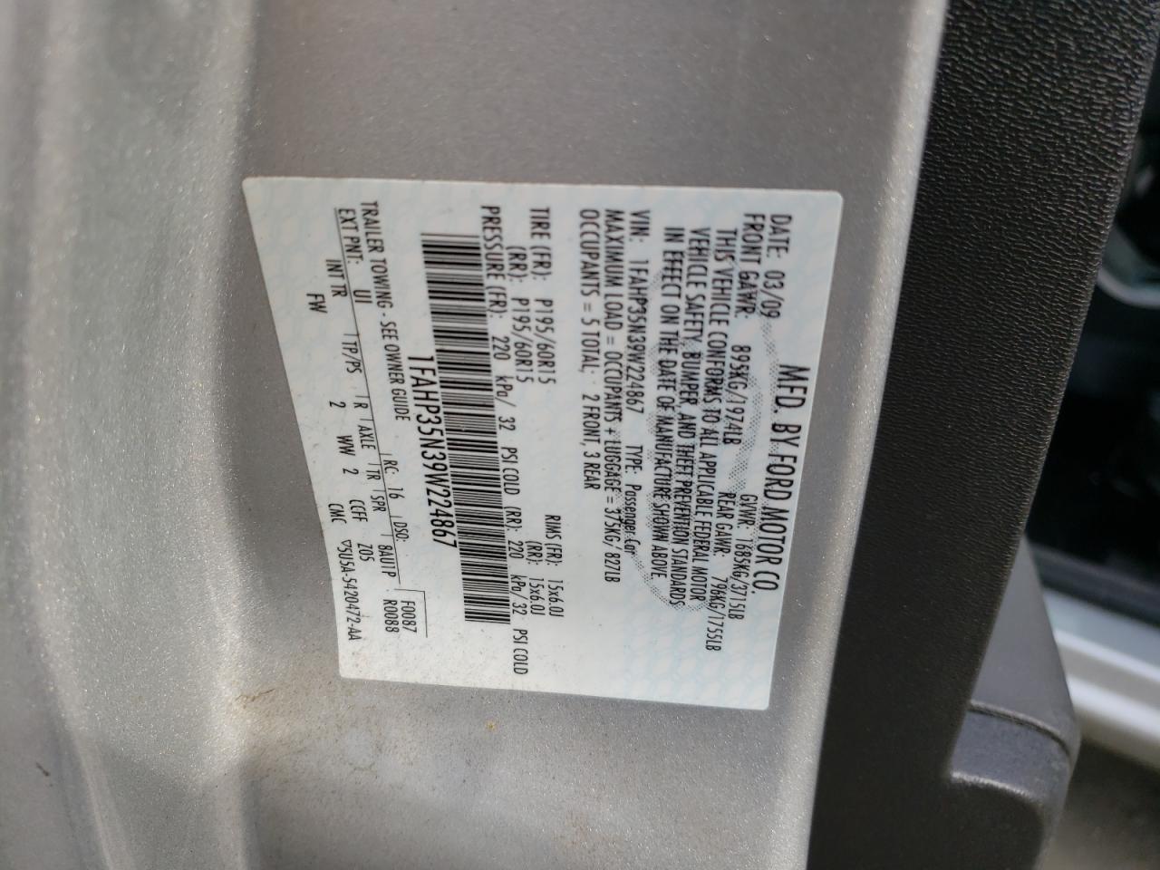 Photo 10 from auction – 2009 FORD FOCUS SE with VIN 1FAHP35N39W224867
