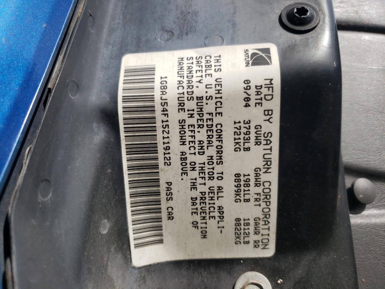 Photo 10 from auction – 2005 SATURN ION LEVEL with VIN 1G8AJ54F15Z119122