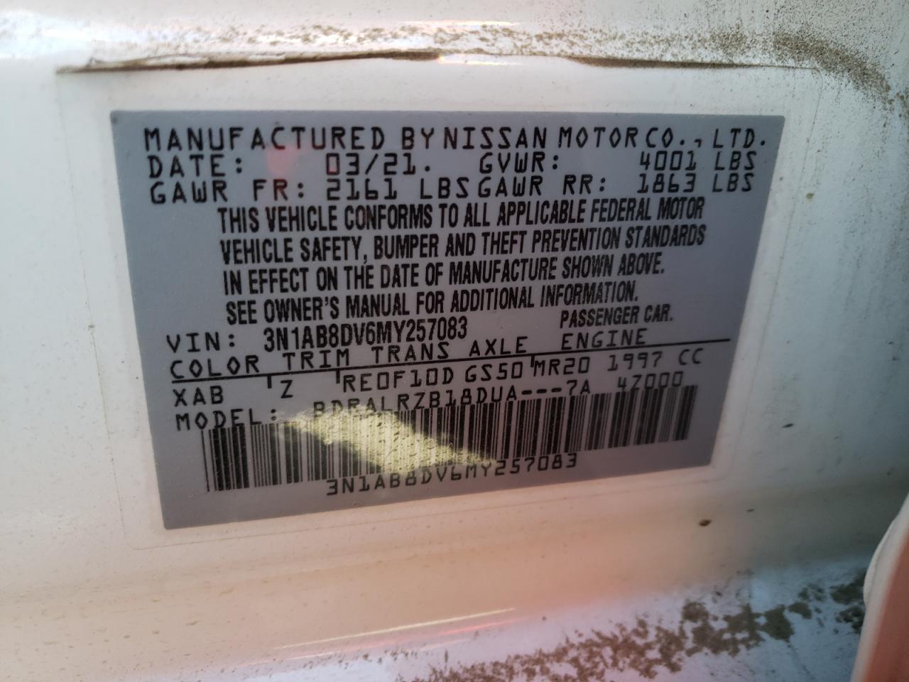 Photo 10 from auction – 2021 NISSAN SENTRA SR with VIN 3N1AB8DV6MY257083