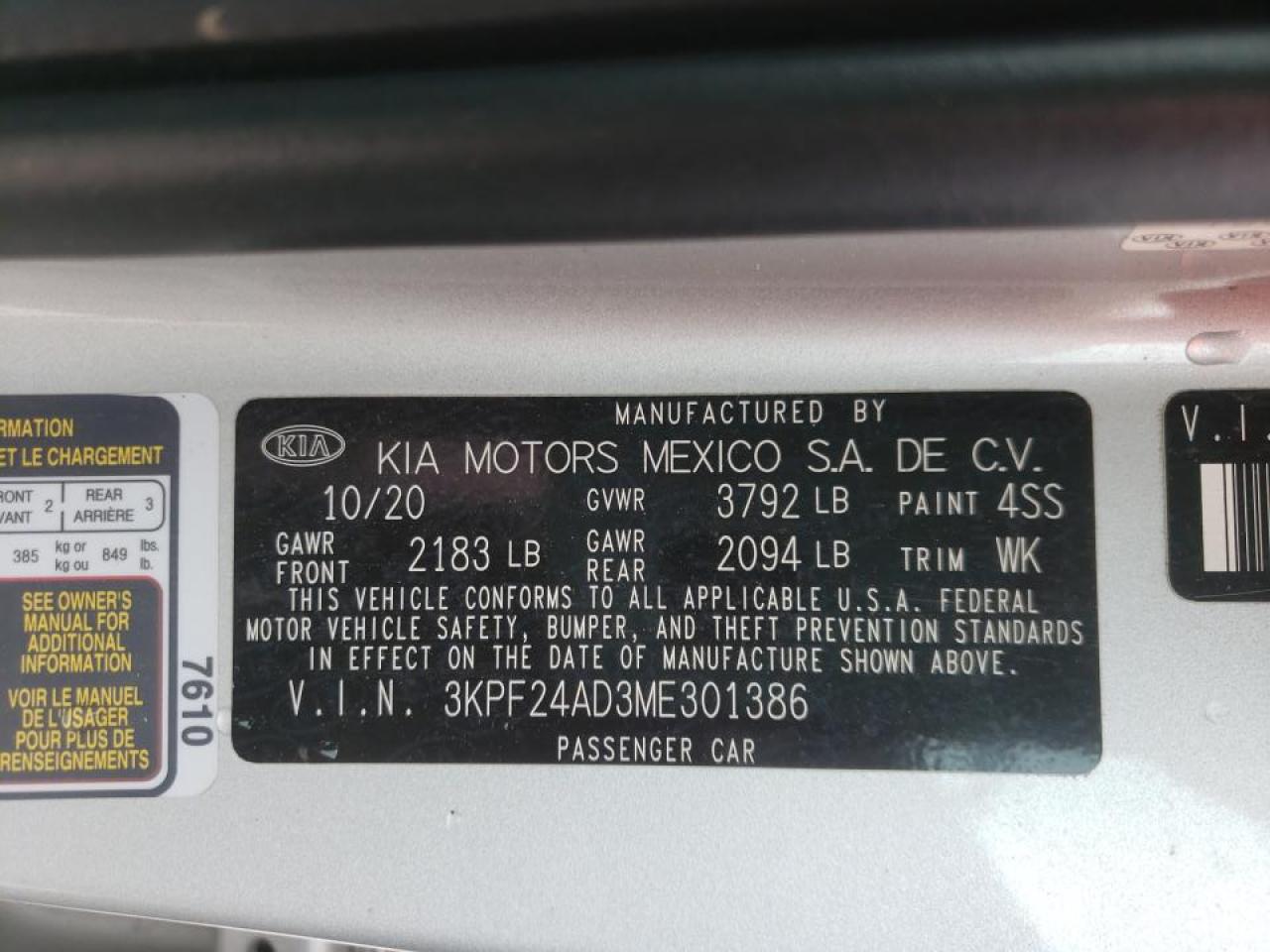 Photo 10 from auction – 2021 KIA FORTE FE with VIN 3KPF24AD3ME301386