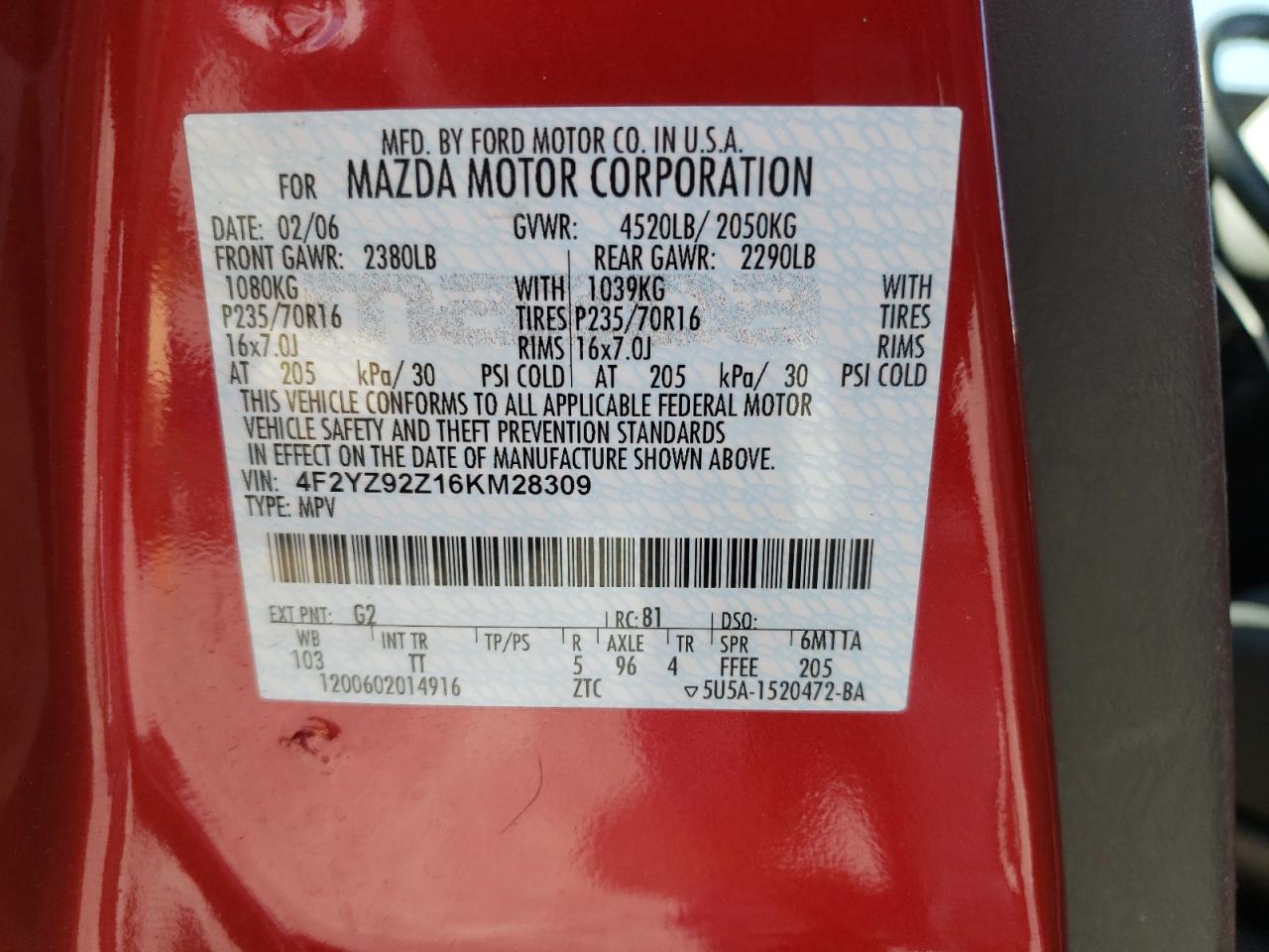 Photo 10 from auction – 2006 MAZDA TRIBUTE I with VIN 4F2YZ92Z16KM28309