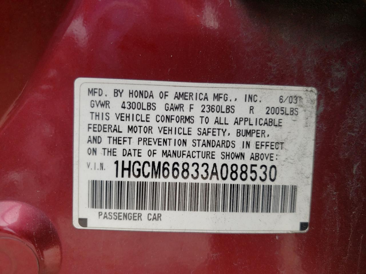 Photo 10 from auction – 2003 HONDA ACCORD EX with VIN 1HGCM66833A088530