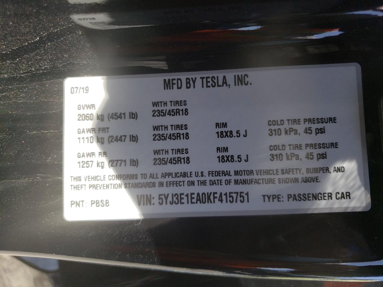 Photo 10 from auction – 2019 TESLA MODEL 3 with VIN 5YJ3E1EA0KF415751