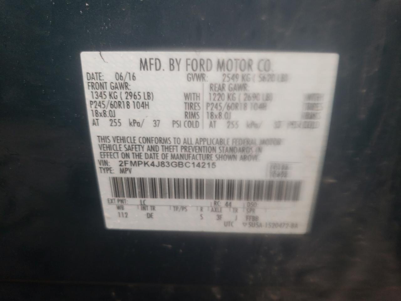 Photo 10 from auction – 2016 FORD EDGE SEL with VIN 2FMPK4J83GBC14215