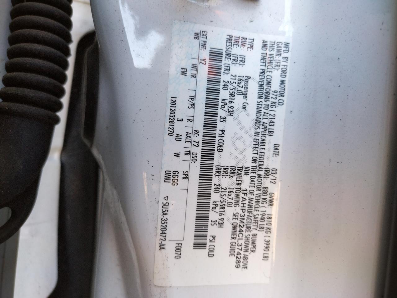 Photo 10 from auction – 2012 FORD FOCUS SEL with VIN 1FAHP3M24CL374289