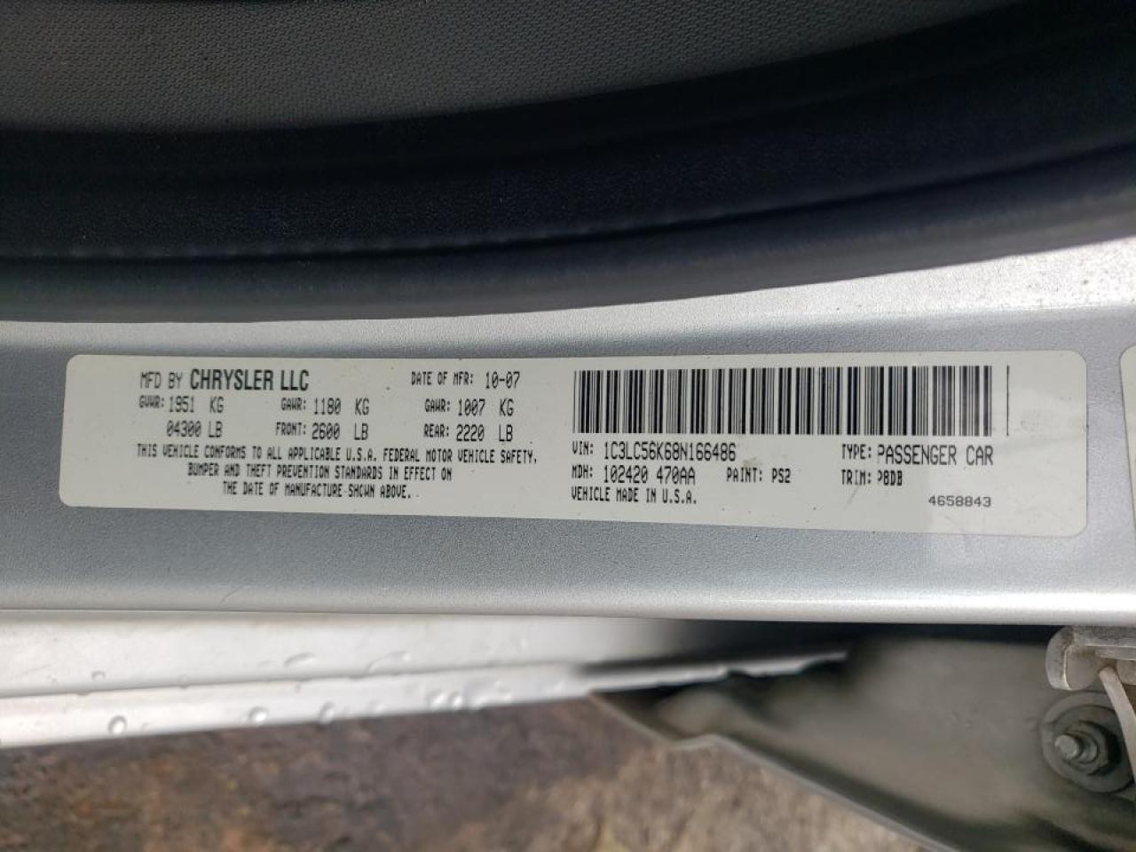 Photo 10 from auction – 2008 CHRYSLER SEBRING TO with VIN 1C3LC56K68N166486