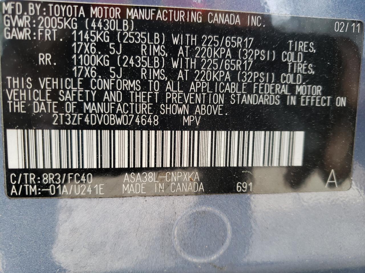 Photo 10 from auction – 2011 TOYOTA RAV4 with VIN 2T3ZF4DV0BW074648