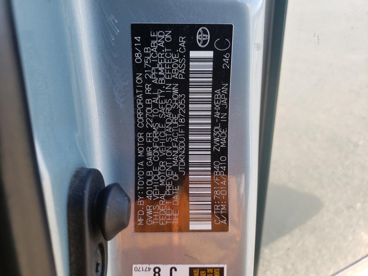 Photo 10 from auction – 2015 TOYOTA PRIUS with VIN JTDKN3DU1F1872053