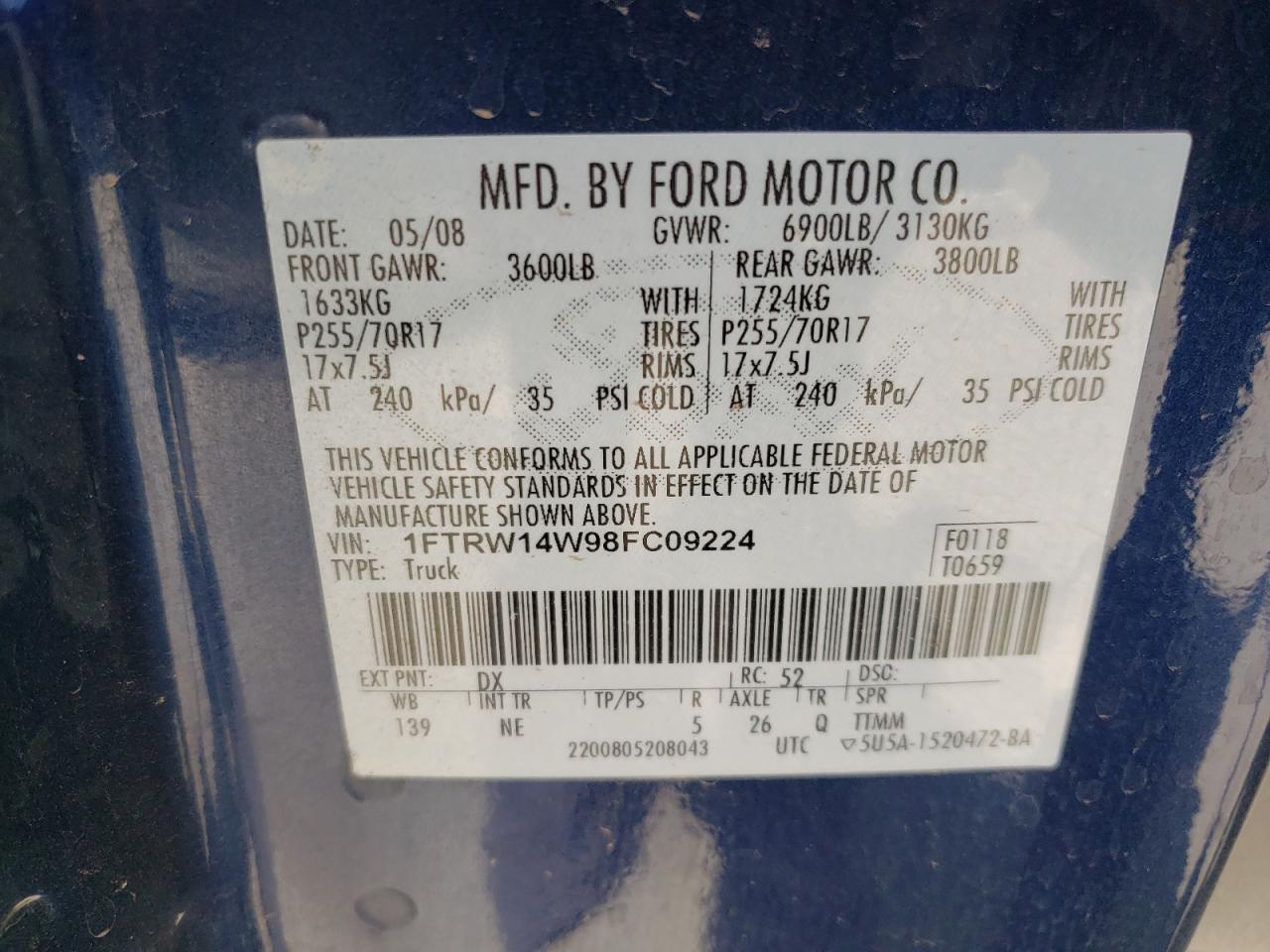 Photo 10 from auction – 2008 FORD F150 SUPER with VIN 1FTRW14W98FC09224