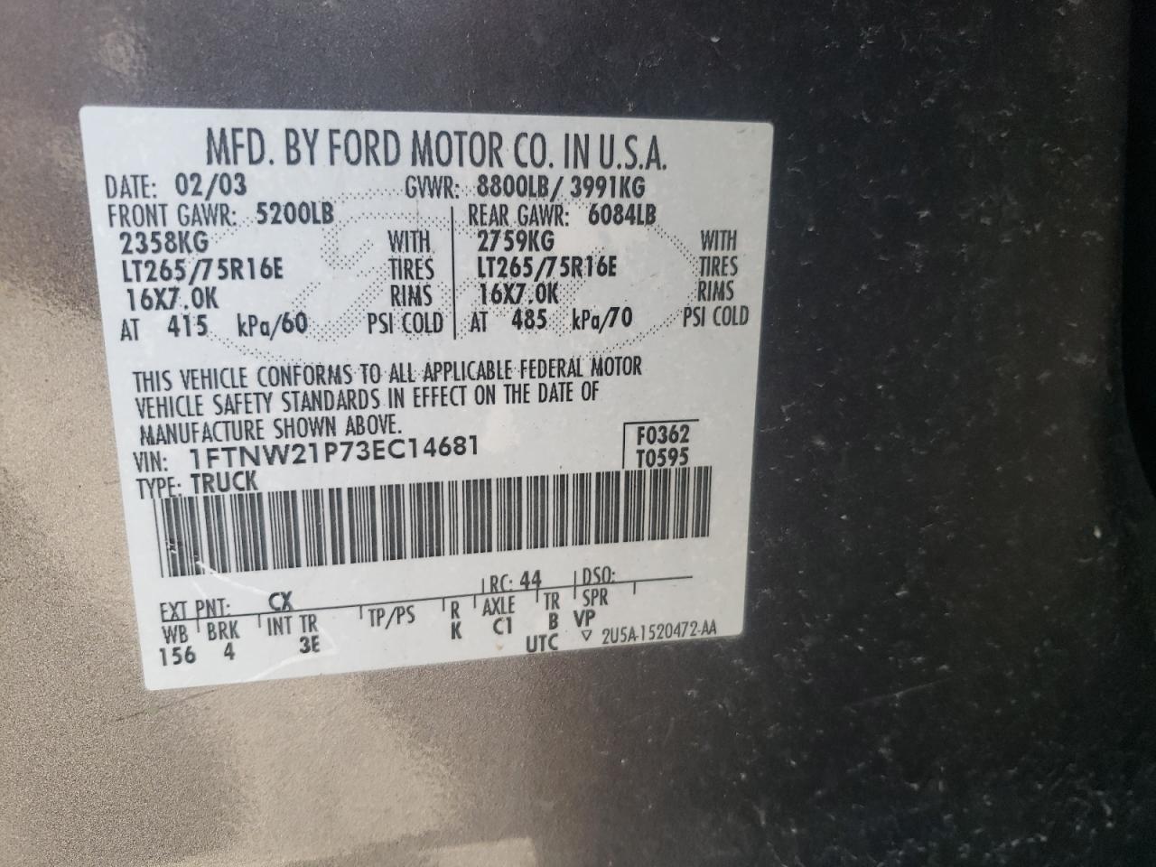 Photo 10 from auction – 2003 FORD F250 SUPER with VIN 1FTNW21P73EC14681