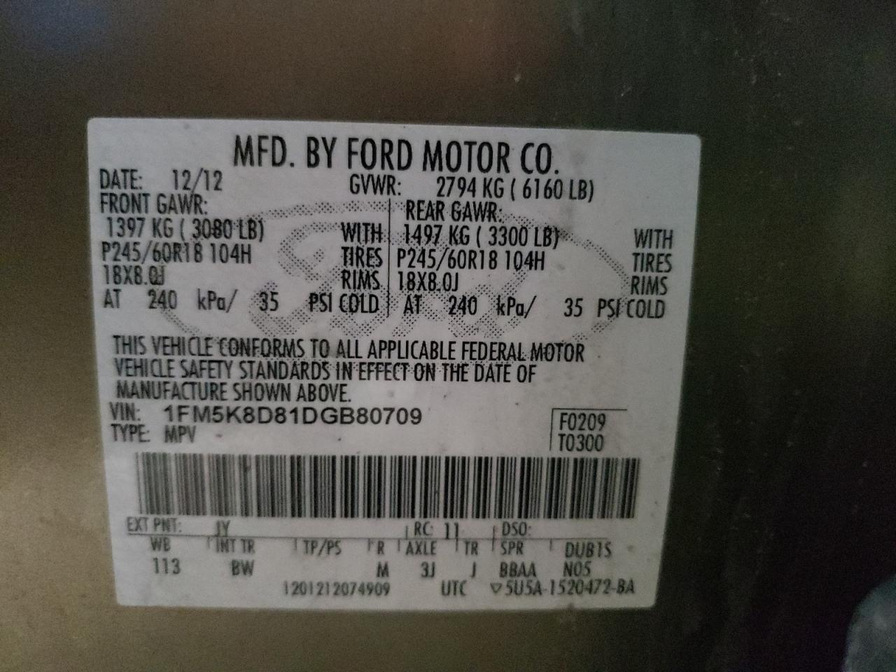 Photo 10 from auction – 2013 FORD EXPLORER X with VIN 1FM5K8D81DGB80709