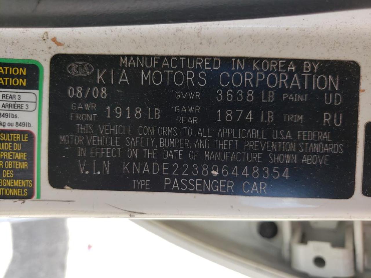 Photo 10 from auction – 2009 KIA RIO BASE with VIN KNADE223896448354