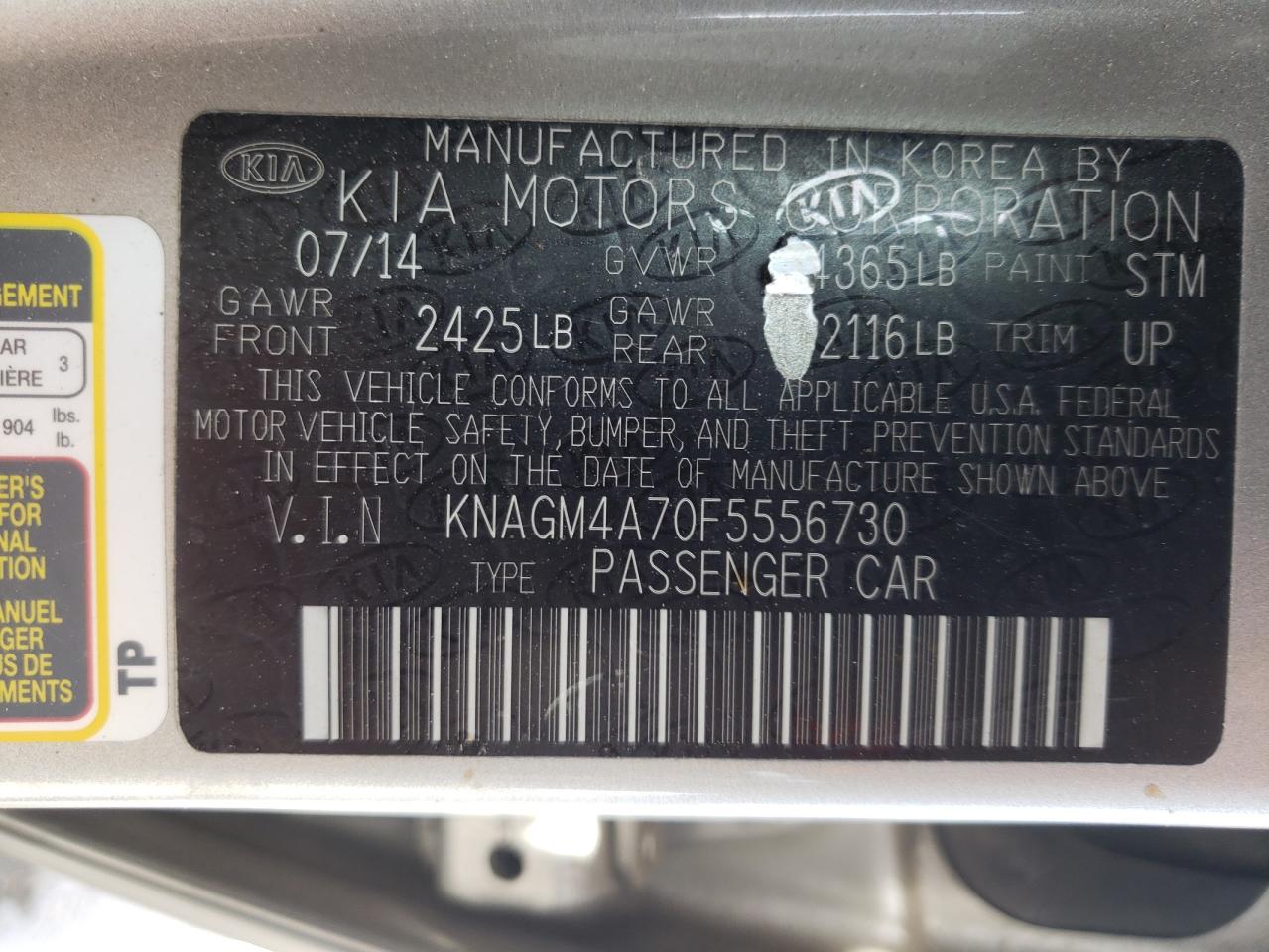 Photo 10 from auction – 2015 KIA OPTIMA LX with VIN KNAGM4A70F5556730