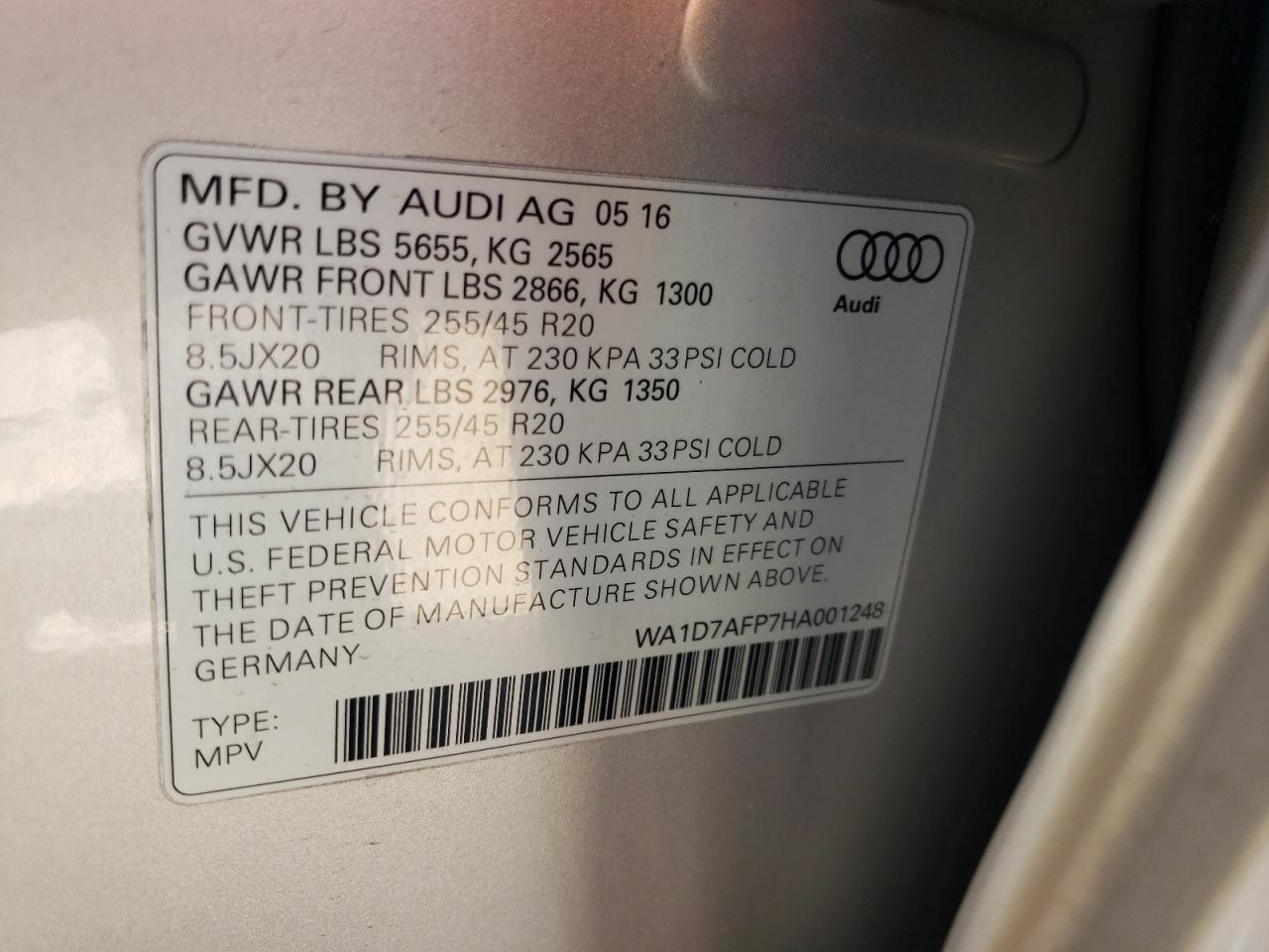 Photo 10 from auction – 2017 AUDI Q5 PREMIUM with VIN WA1D7AFP7HA001248