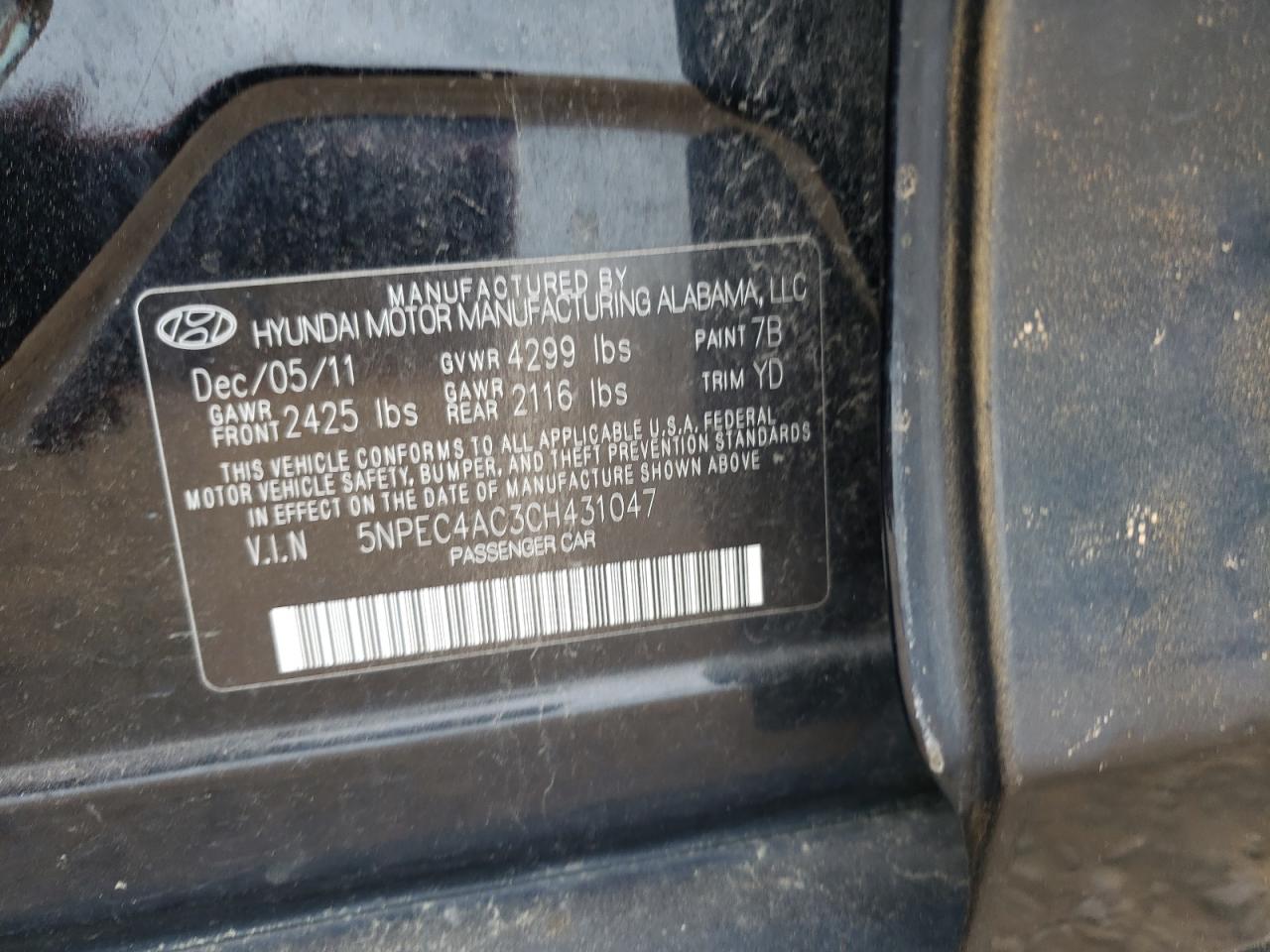 Photo 10 from auction – 2012 HYUNDAI SONATA SE with VIN 5NPEC4AC3CH431047