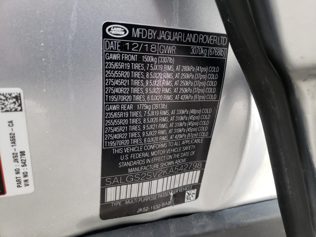 Photo 10 from auction – 2019 LAND ROVER RANGE ROVE with VIN SALGS2SV2KA542798