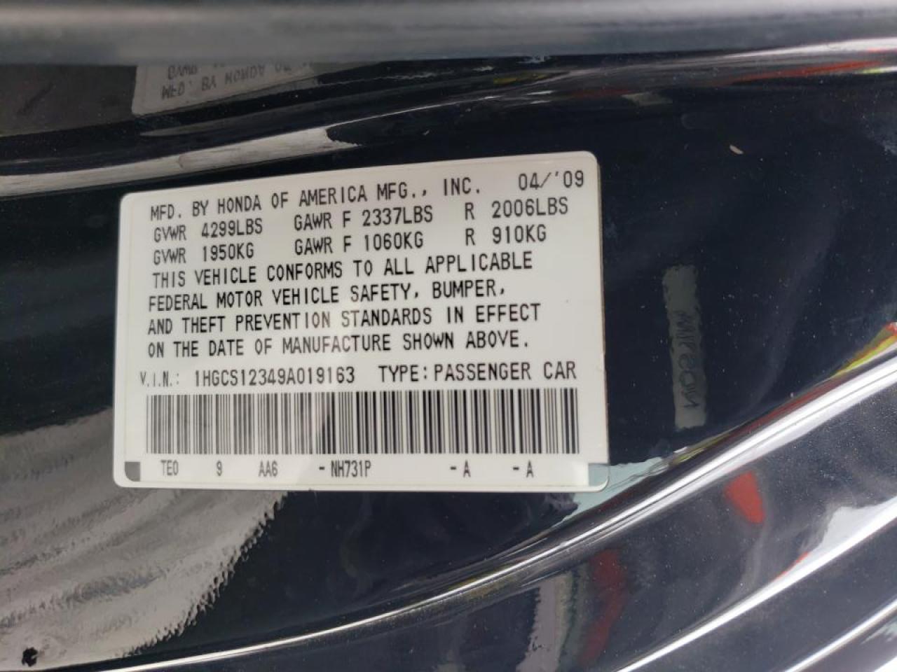 Photo 10 from auction – 2009 HONDA ACCORD with VIN 1HGCS12349A019163