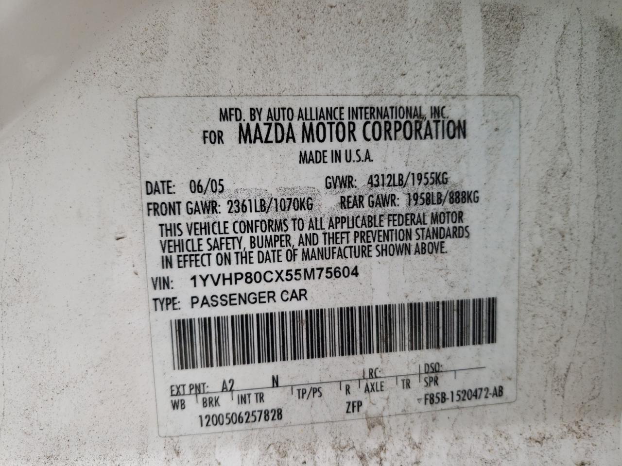Photo 10 from auction – 2005 MAZDA 6 I with VIN 1YVHP80CX55M75604