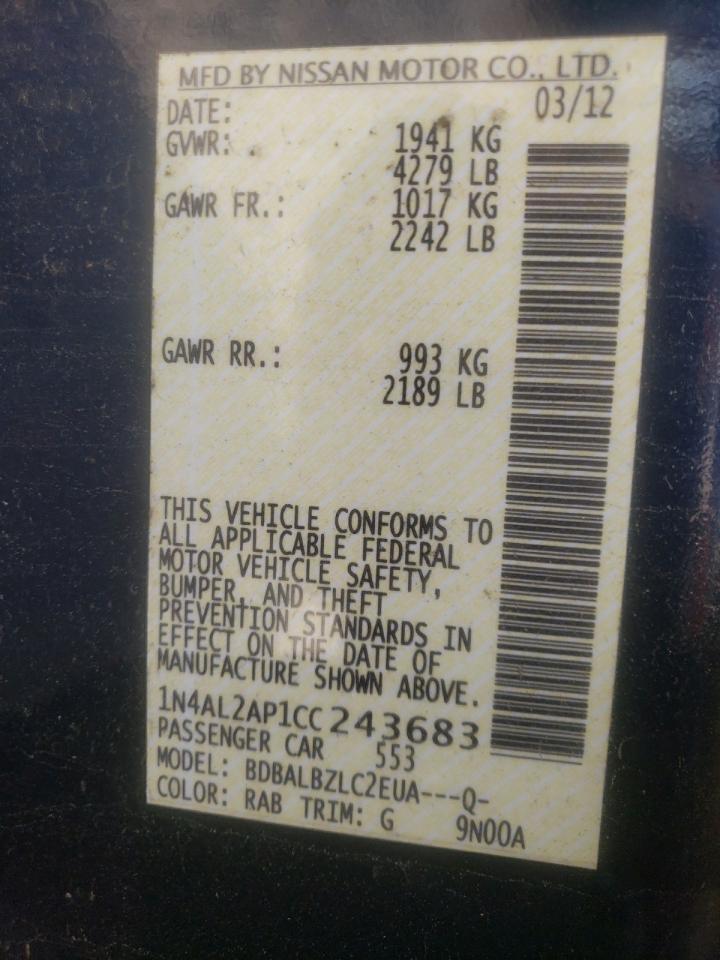 Photo 10 from auction – 2012 NISSAN ALTIMA BAS with VIN 1N4AL2AP1CC243683