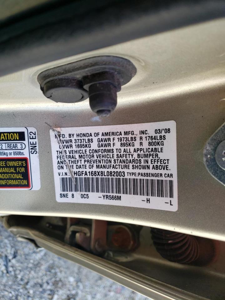 Photo 10 from auction – 2008 HONDA CIVIC EX with VIN 1HGFA168X8L082003