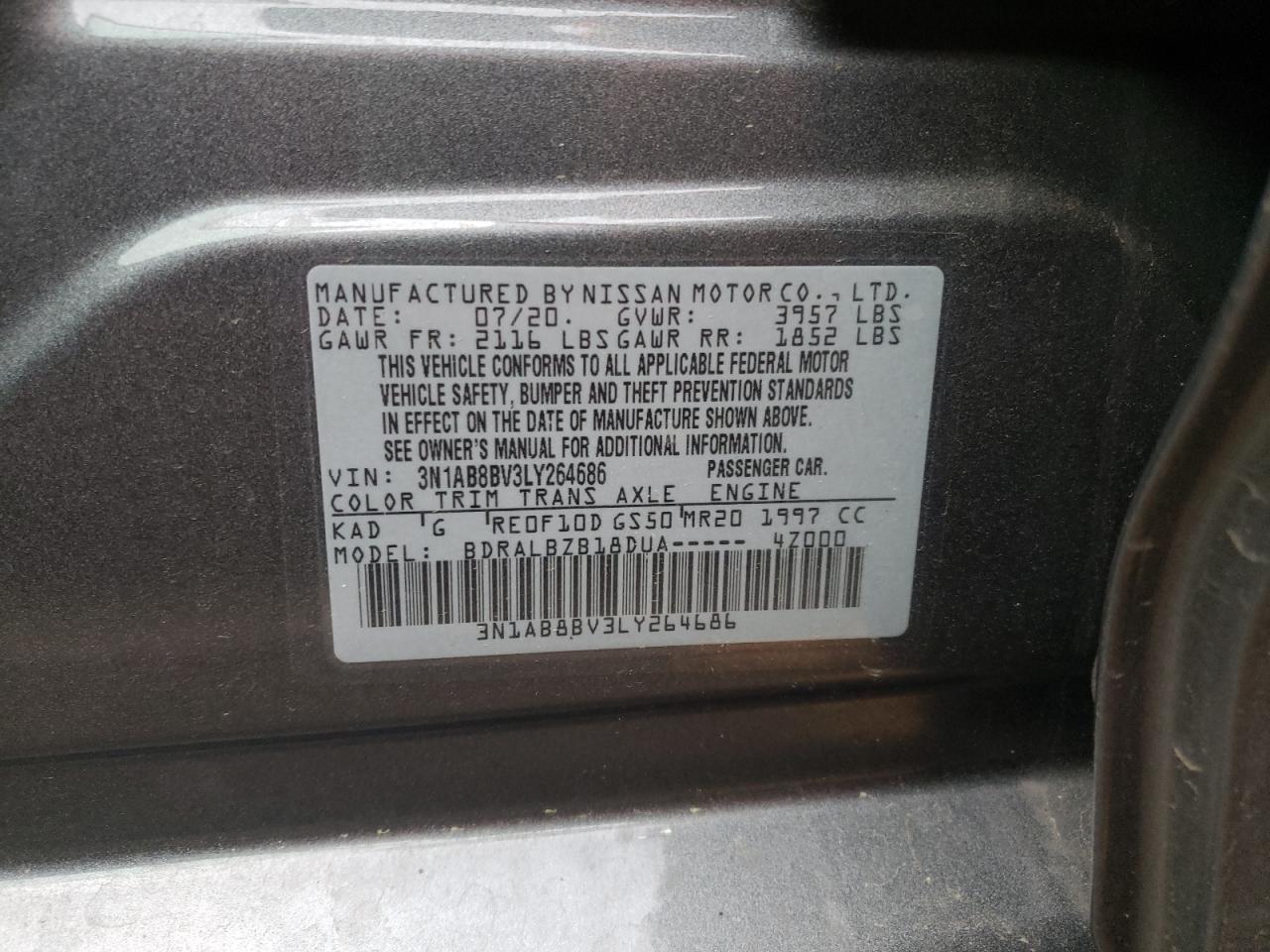 Photo 10 from auction – 2020 NISSAN SENTRA S with VIN 3N1AB8BV3LY264686