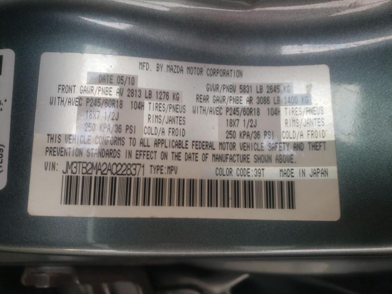 Photo 10 from auction – 2010 MAZDA CX-9 with VIN JM3TB2MA2A0228371