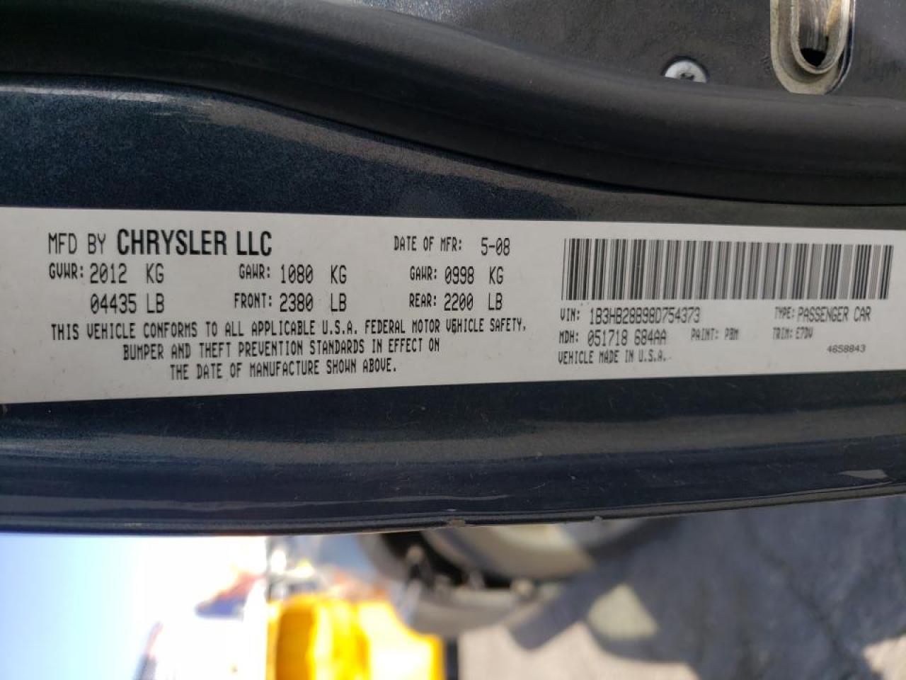Photo 10 from auction – 2008 DODGE CALIBER with VIN 1B3HB28B98D754373