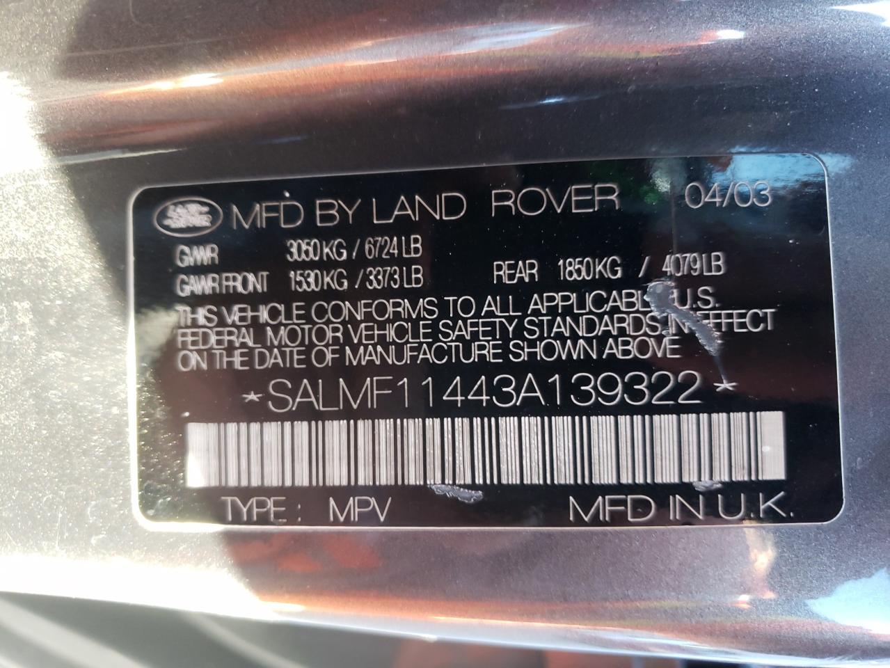 Photo 10 from auction – 2003 LAND ROVER RANGE ROVE with VIN SALMF11443A139322