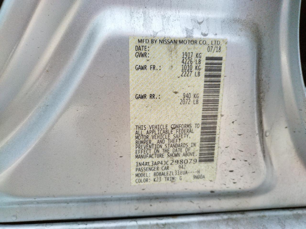 Photo 10 from auction – 2018 NISSAN ALTIMA 2.5 with VIN 1N4AL3AP4JC298079