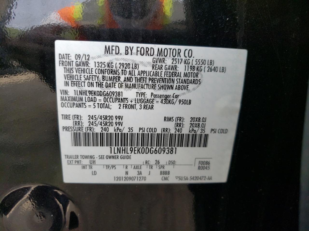 Photo 10 from auction – 2013 LINCOLN MKS with VIN 1LNHL9EK0DG609381