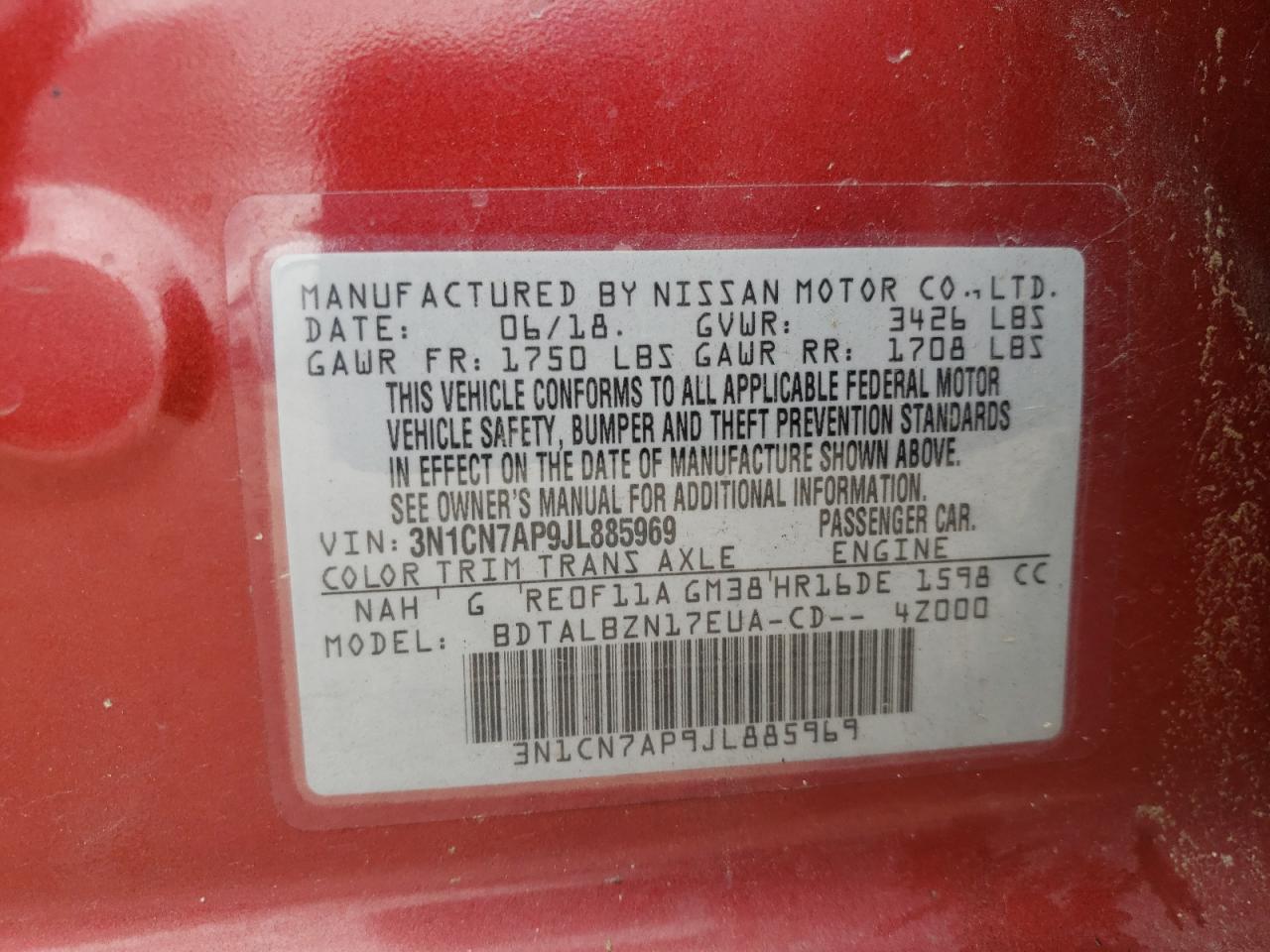 Photo 10 from auction – 2018 NISSAN VERSA S with VIN 3N1CN7AP9JL885969
