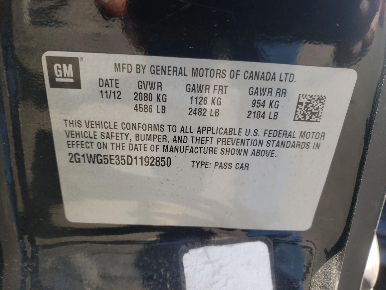 Photo 10 from auction – 2013 CHEVROLET IMPALA LT with VIN 2G1WG5E35D1192850