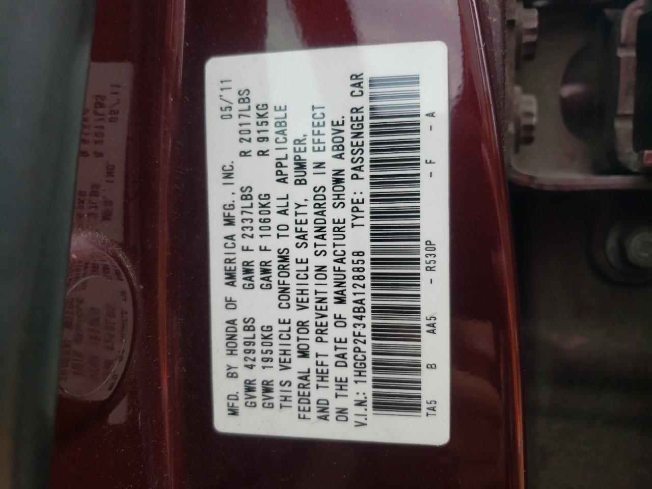 Photo 10 from auction – 2011 HONDA ACCORD LX with VIN 1HGCP2F34BA128858