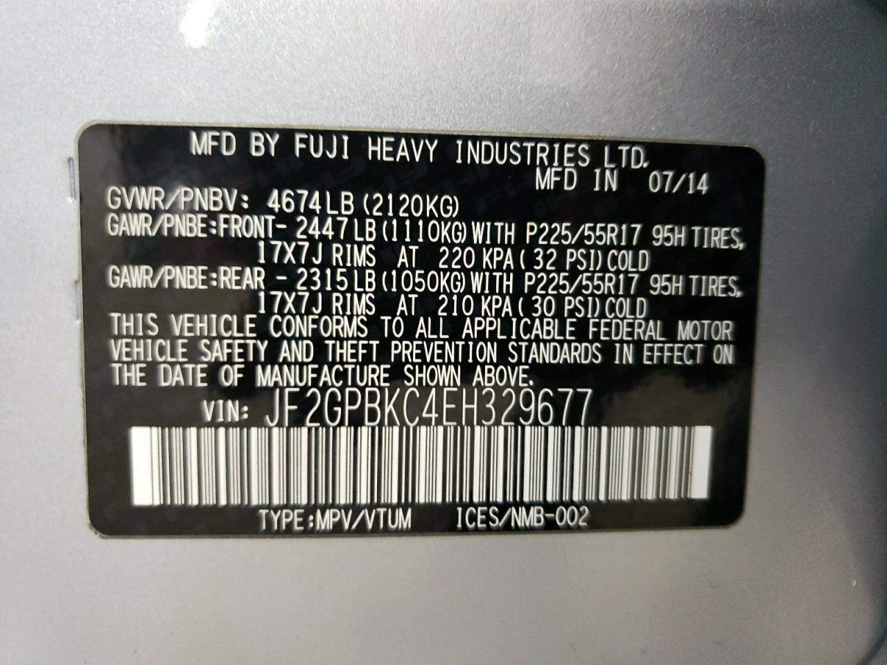 Photo 10 from auction – 2014 SUBARU XV CROSSTR with VIN JF2GPBKC4EH329677