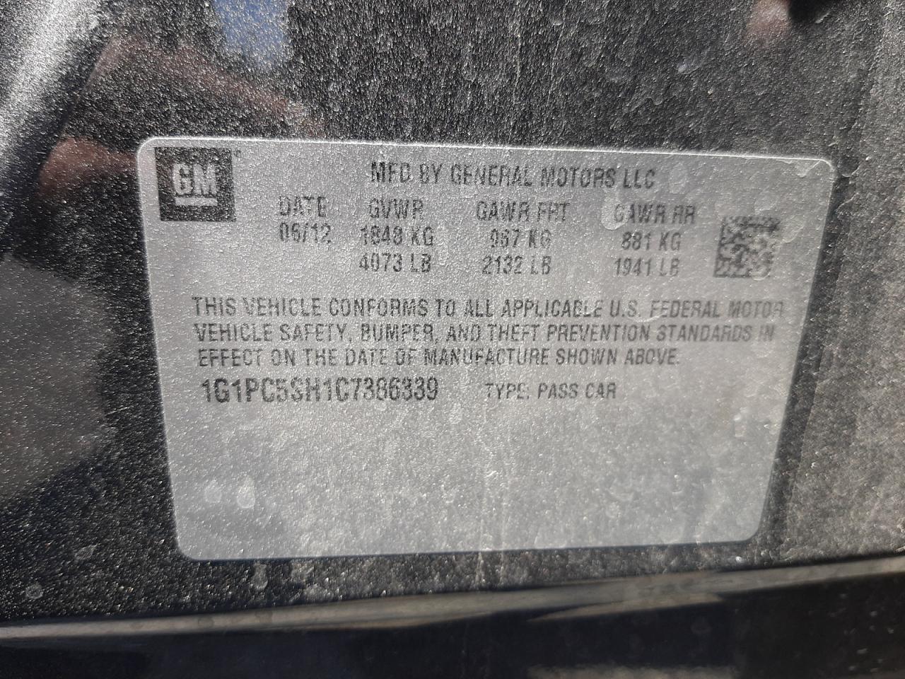 Photo 10 from auction – 2012 CHEVROLET CRUZE LS with VIN 1G1PC5SH1C7386339