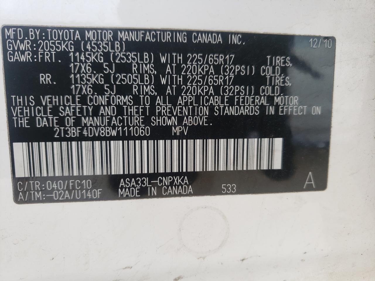 Photo 10 from auction – 2011 TOYOTA RAV4 with VIN 2T3BF4DV8BW111060