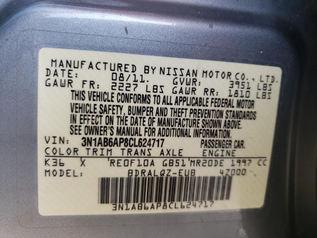 Photo 10 from auction – 2012 NISSAN SENTRA 2.0 with VIN 3N1AB6AP8CL624717