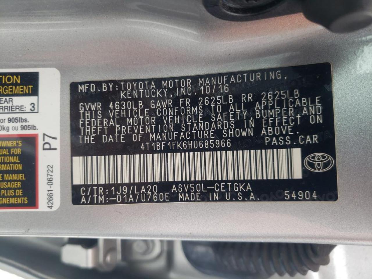 Photo 10 from auction – 2017 TOYOTA CAMRY LE with VIN 4T1BF1FK6HU685966