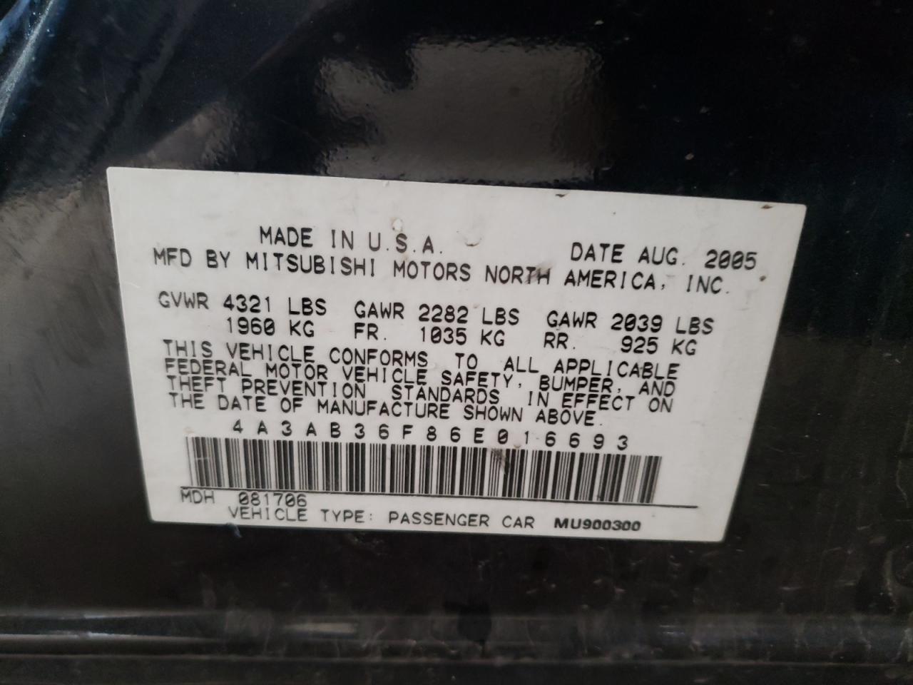 Photo 10 from auction – 2006 MITSUBISHI GALANT ES with VIN 4A3AB36F86E016693