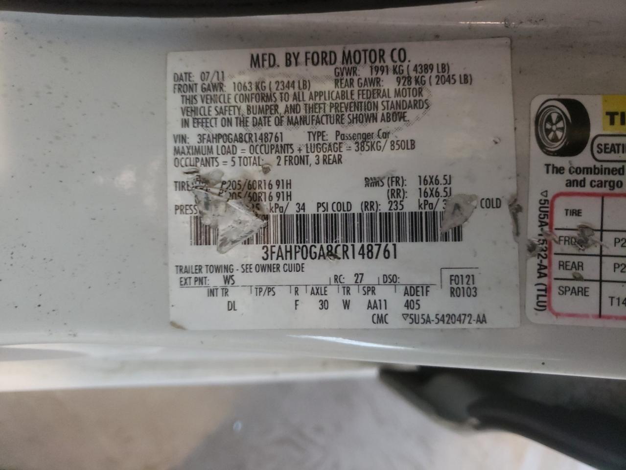 Photo 10 from auction – 2012 FORD FUSION S with VIN 3FAHP0GA8CR148761