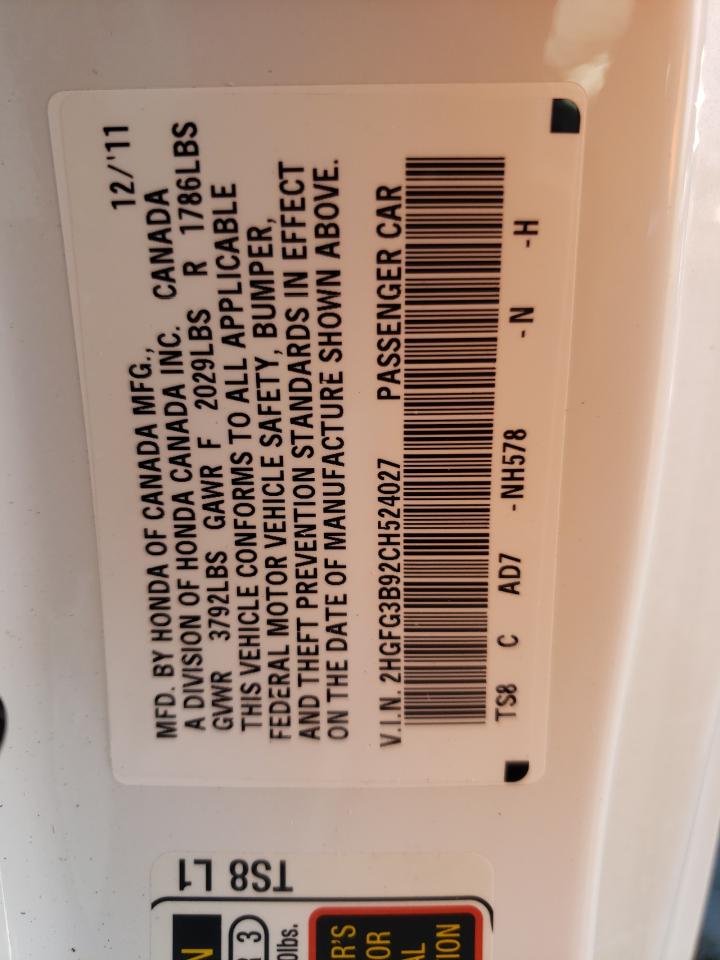 Photo 10 from auction – 2012 HONDA CIVIC EXL with VIN 2HGFG3B92CH524027