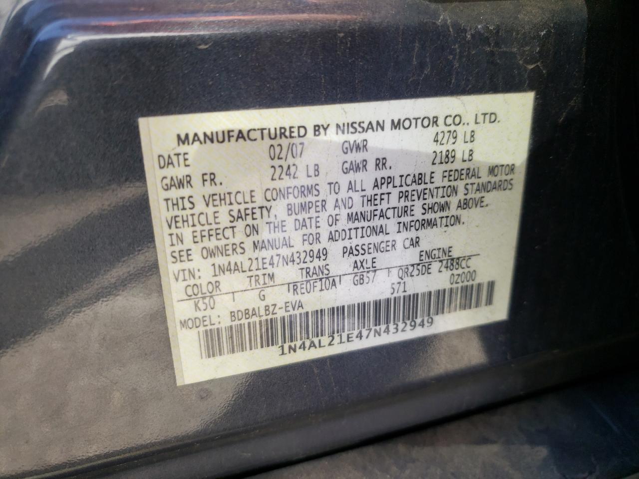 Photo 10 from auction – 2007 NISSAN ALTIMA 2.5 with VIN 1N4AL21E47N432949